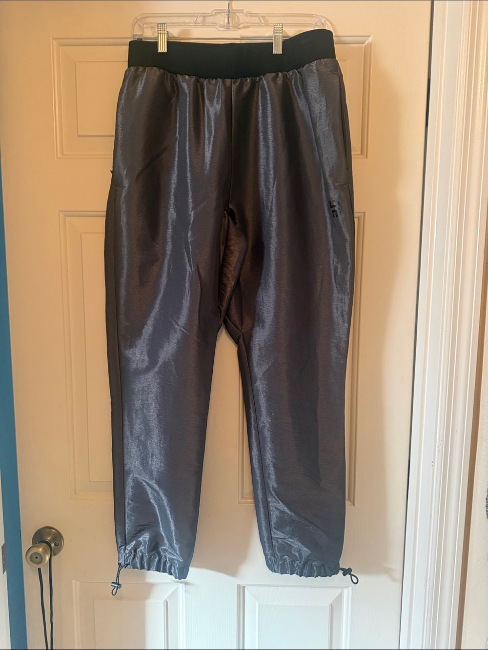 Men's Shiny Black Jogger Pants with Elastic Waist and Adjustable Hem